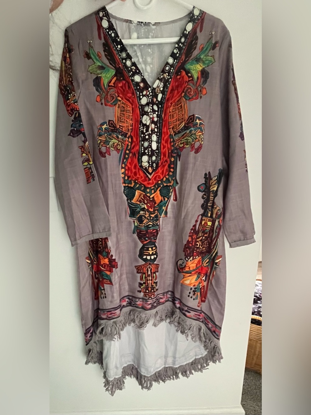 Bohemian Gray Tunic Dress with Multicolor Tribal Print